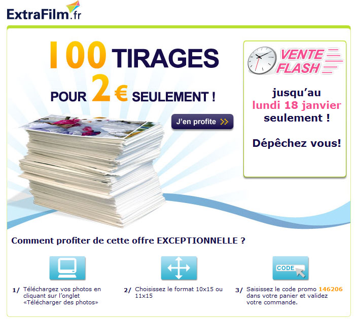 EXTRAFILM : 100 tirages photos pour 2 euros